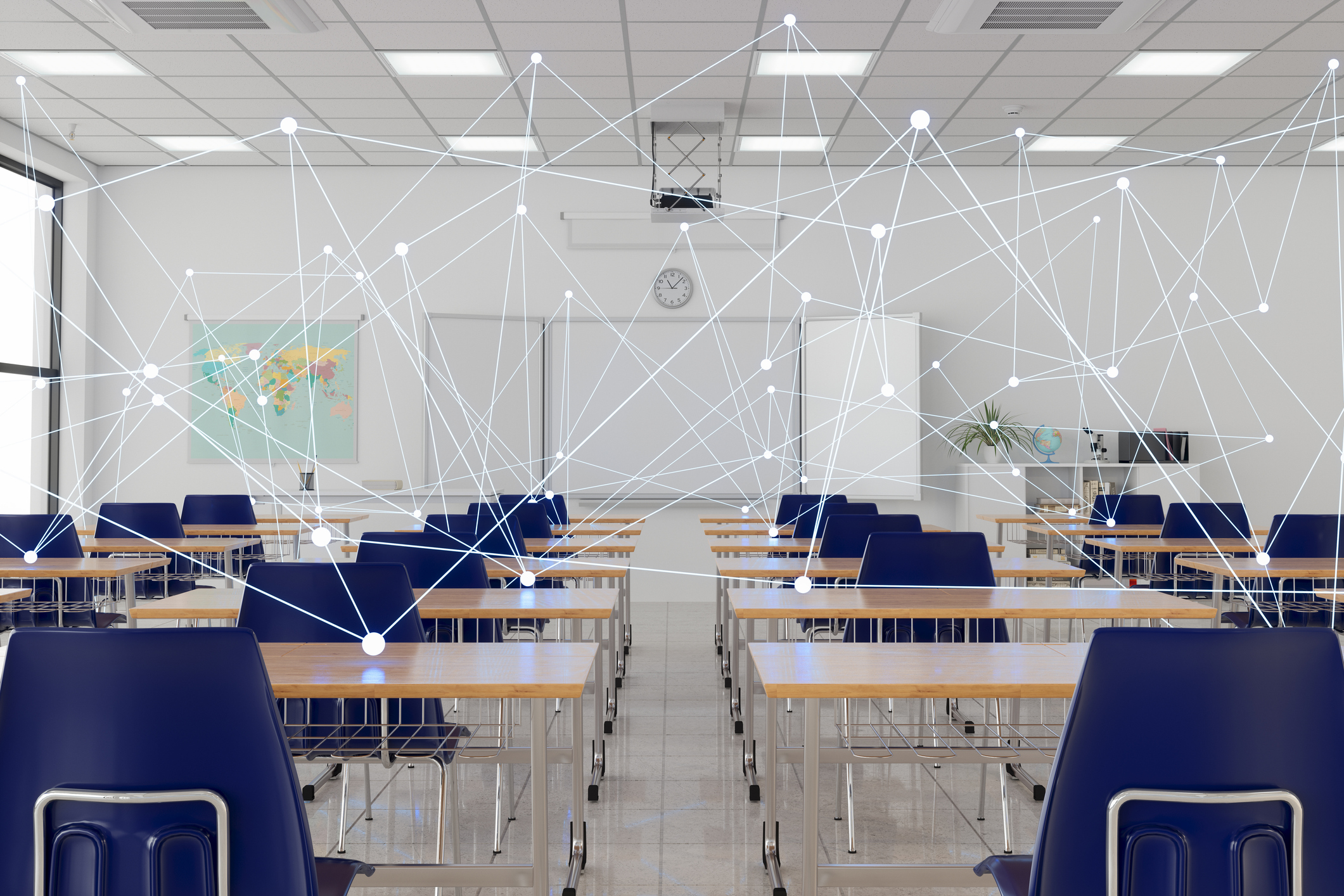 Empty Classroom With Desks And Chairs. Lines And Dots Forming A Plexus la formacion online y la nube, una combinacion perfecta