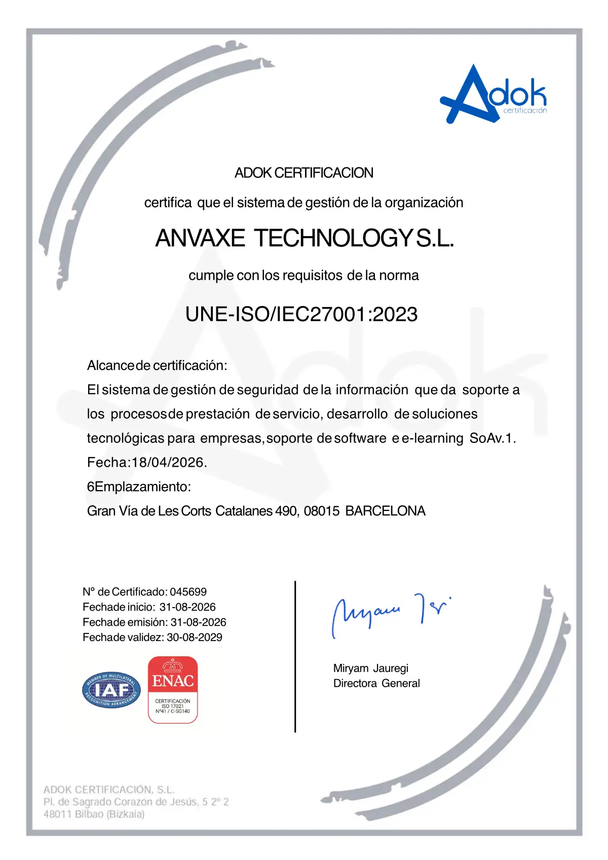 Previsualización escaneada del certificado UNE-ISO/IEC 27001:2023 emitido a Anvaxe Technology