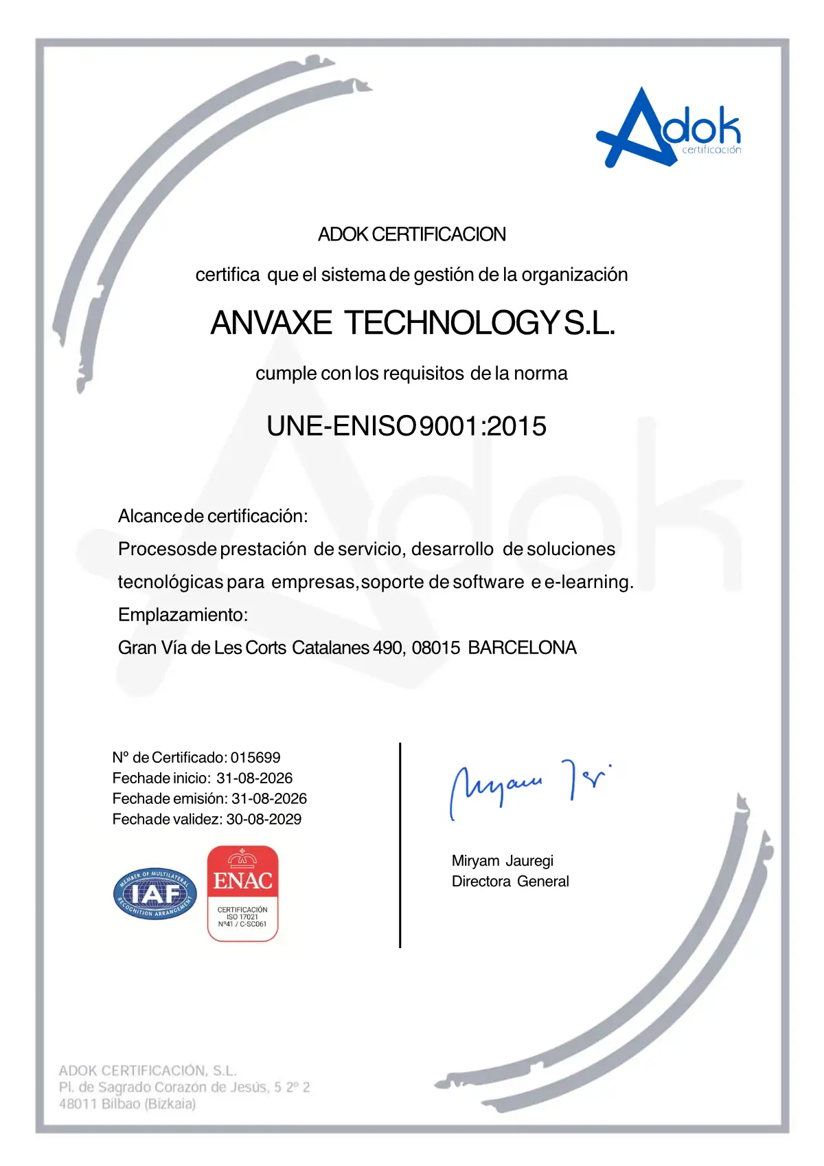 Previsualización escaneada del certificado UNE-EN ISO 9001:2015 emitido a Anvaxe Technology